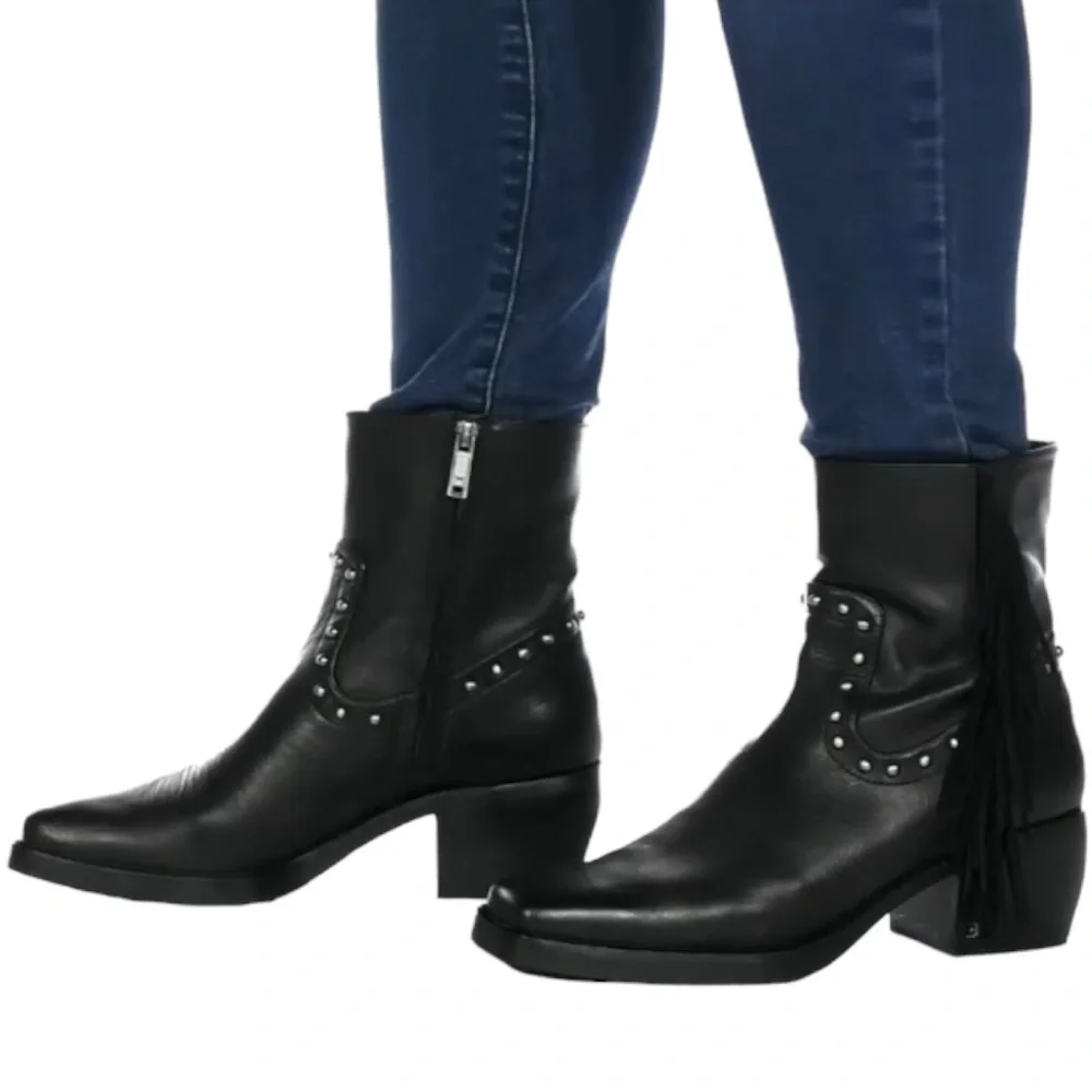 Sam‎ Edelman Bernie Leather Fringe Studded Black Booties Size 6 Women